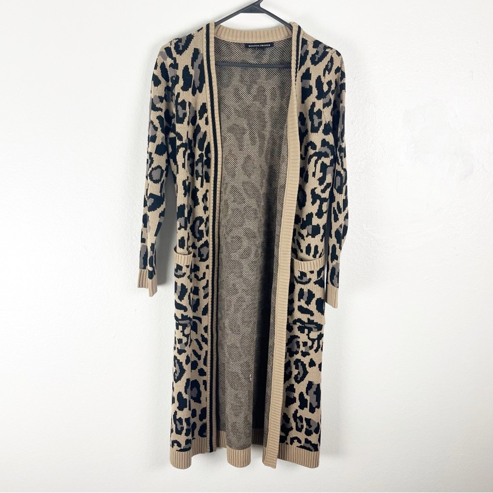 BOSTON PROPER Animal Print Flat Pockets Longline Open Cardigan, Size XS